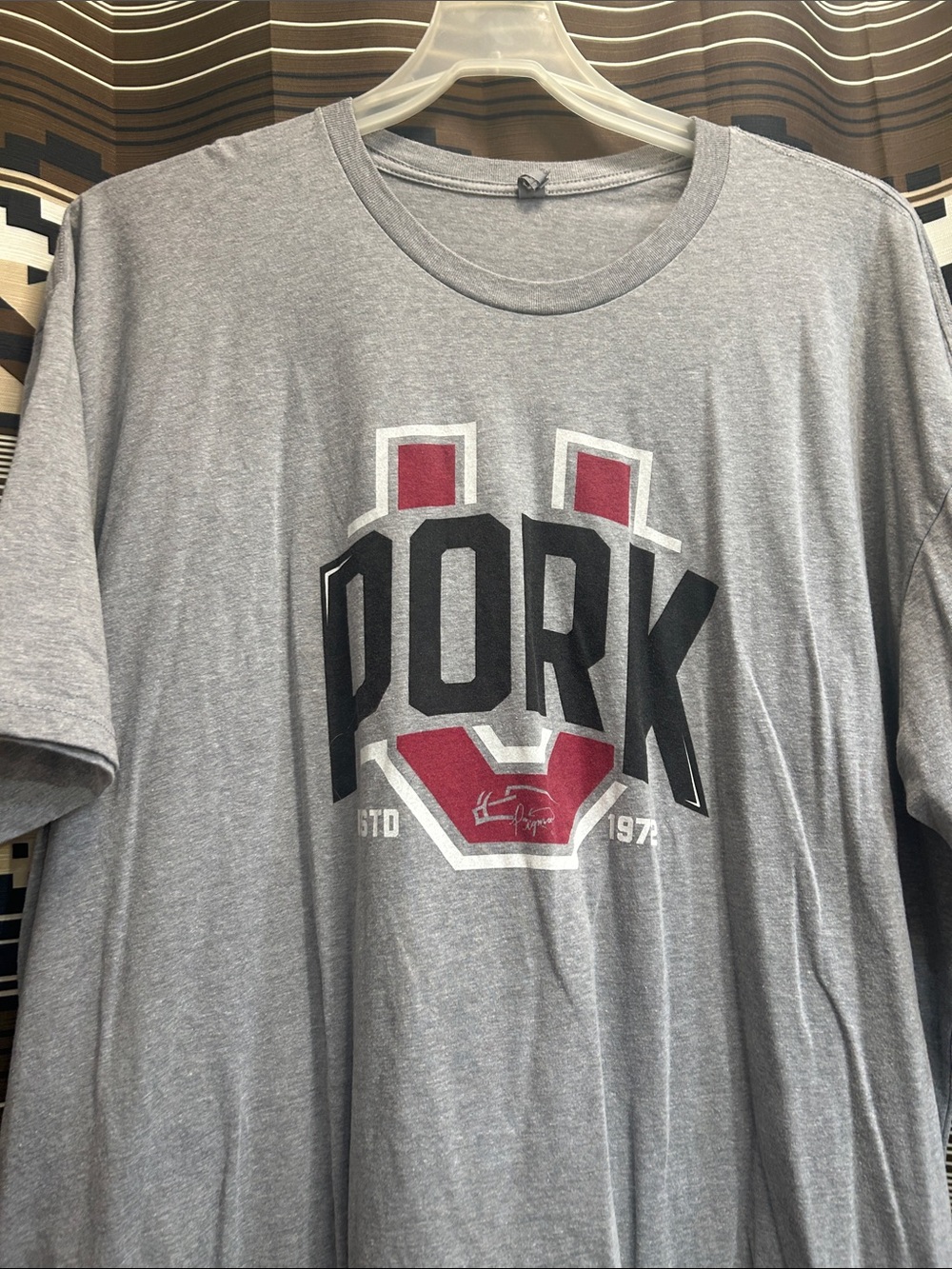 Next Level Apparel Gray Crewneck T-Shirt with Black and Red 'PORK' Graphic